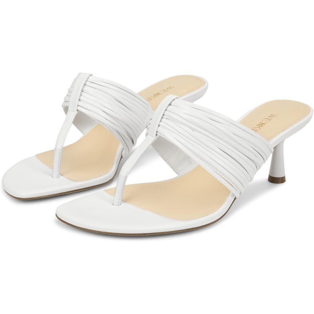 Women's White Leather 2 Inch Low Heeled Flip Flops with Rounded Open Toe - Picture 5 of 7